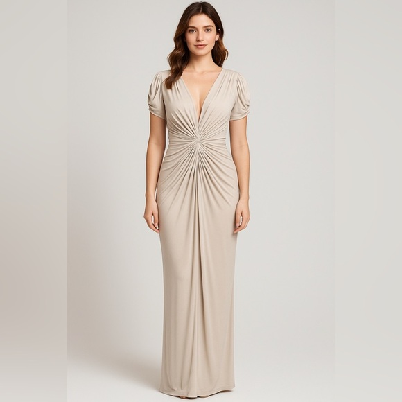 👗 Nothing But Love Plunging Ruched Beige Evening Dress - Size Large ✨ - Picture 15 of 15